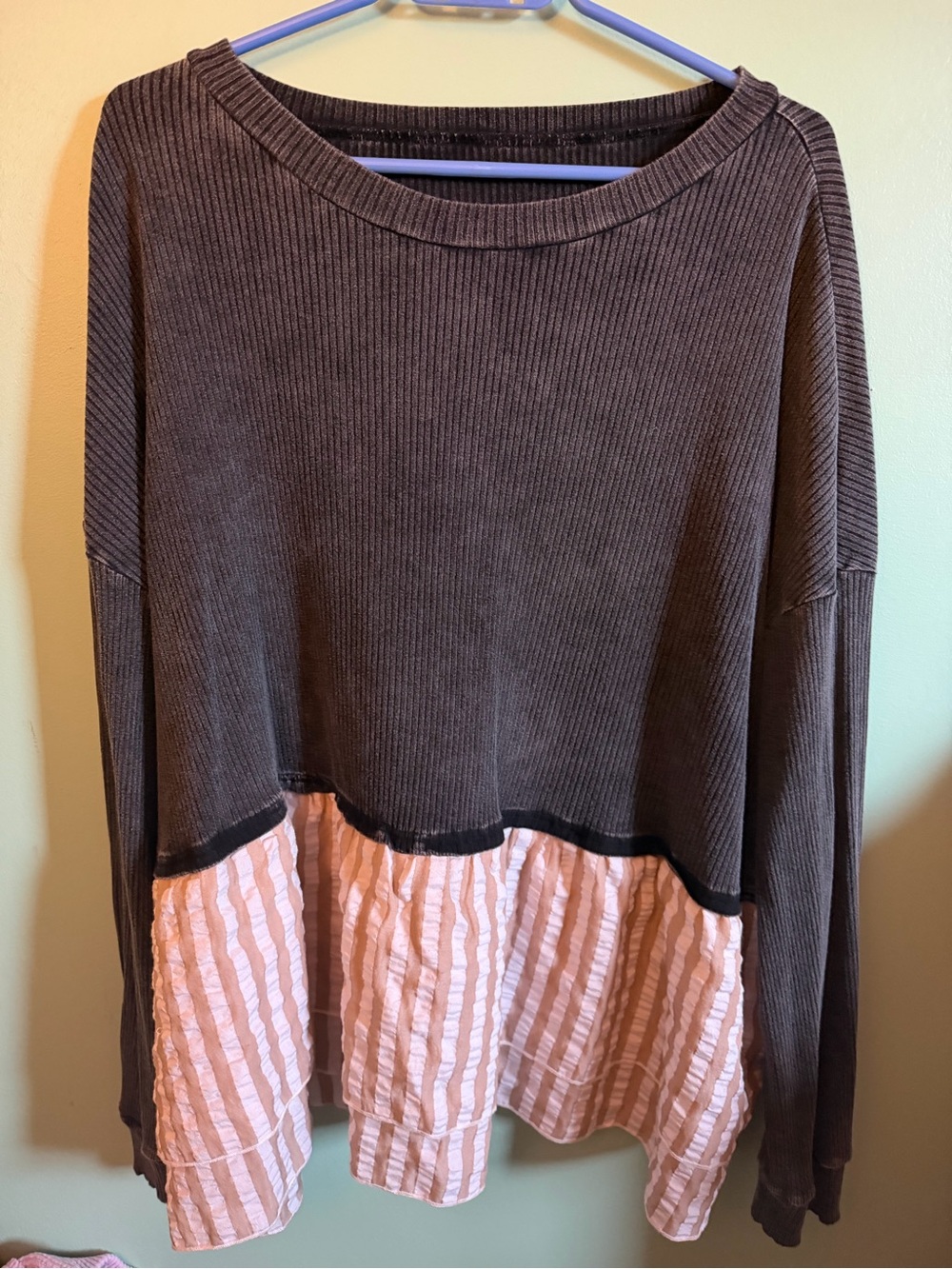 Women’s Two-Tone Ribbed Pullover Top in Grey and Light Pink